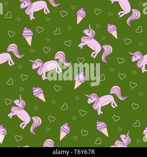 vector seamless pattern on a green background unicorn ponies pink with sweet ice cream and hearts for children and textiles Stock Vector