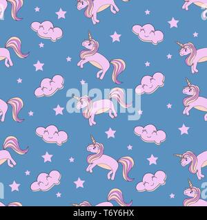 vector seamless pattern on a blue background with a unicorn sleeping ponies pink with clouds and stars for children and textiles Stock Vector