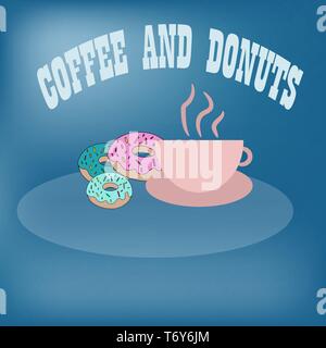 vector logo for advertising banner for restaurant company name with a cup of coffee cappuccino latte with donuts and an inscription text with a blue b Stock Vector