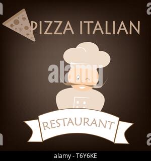 vector logo for advertising banner for restaurant chef with italian food pizza and cook on black background with text inscription Stock Vector
