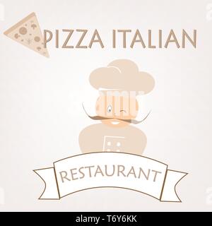 vector logo for advertising banner for restaurant chef with italian food pizza and cook on white background with text inscription Stock Vector