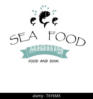 vector logo banner for restaurant name blue with fish and drops and text inscription seafood Stock Vector