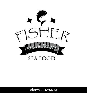 vector logo banner for advertising restaurant name black with fish and text inscription seafood Stock Vector