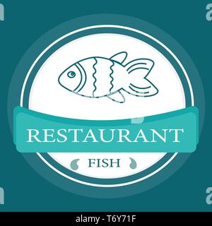 vector logo banner for advertising restaurant name blue turquoise color with fish and text inscription Stock Vector