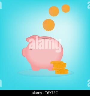 vector piggy pig money box pink with coins cents for bank advertising and deposit on blue turquoise background Stock Vector