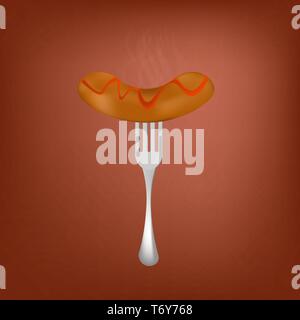 vector food hot sausage on the grill with ketchup with a fork on a red background for advertising Stock Vector
