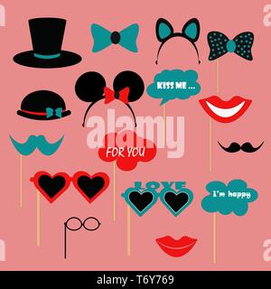 accessories on sticks for the holiday of a hen party and entertainment with glasses with your lips ears hats with clouds inscriptions kiss me and for  Stock Vector