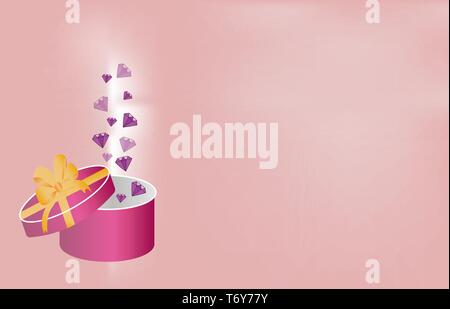 vector beautiful background pink banner for financial advertising store bank with diamond jewels in a gift box with a bow yellow with a surprise Stock Vector