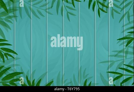vector beautiful nature background banner on a wooden board with leaves green palm tree branches for advertising in spring and summer Stock Vector