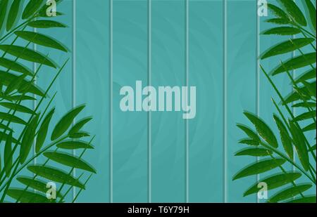 vector beautiful nature background banner on a wooden board with leaves green palm tree branches for advertising in spring and summer Stock Vector