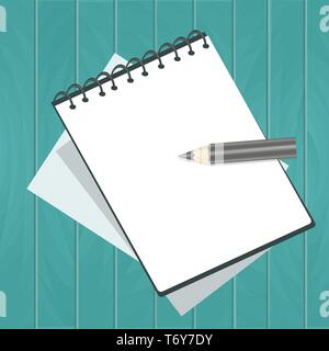notebook note book with sheets with pencil on a wooden background turquoise blue board Stock Vector