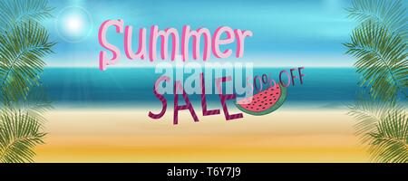 vector banner summer discount on the beach with sea and sand with text branches of palm trees and slices of watermelon for poster stores of sale, eps  Stock Vector