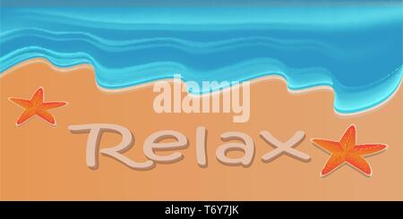 vector poster banner for advertising beach holiday on the sunny beach with sea and waves of ocean water with sea stars and inscription text relax on a Stock Vector