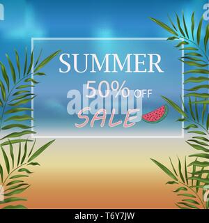 vector banner summer discount on the beach with sea and sand with text branches of palm trees and slices of watermelon for poster stores of sale, eps  Stock Vector