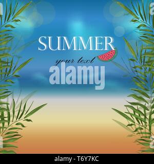 wallpaper vector banner overlooking the beach with golden sand and sea with palm branches and slices of watermelon for the poster with text Summer hel Stock Vector