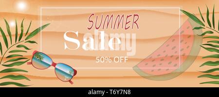 vector banner summer discounts sale  in white frame on the beach in the sand with sunglasses text palms and slices of watermelon for poster stores sel Stock Vector