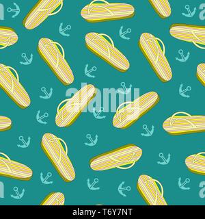 vector seamless pattern with summer swim shoes on a green background with an anchor for relaxing and vacations of textiles and printing .Eps 10 Stock Vector