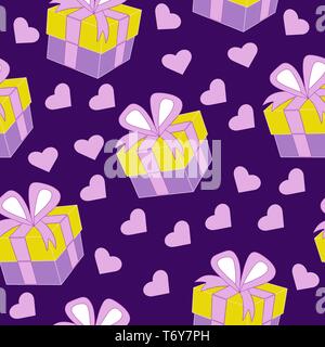 vector seamless pattern gift box surprise packing with bow on purple background with yellow color and hearts for New Year holiday, St. Valentine's Day Stock Vector