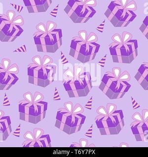 vector seamless pattern gift box packing surprise with bow on lilac background with color and caps for New Year holiday, St. Valentine's Day Stock Vector