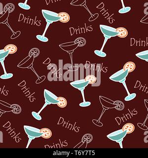 vector seamless pattern of a drink with ice margarita in a glass, cocktails on a red background with text for textile printing Stock Vector