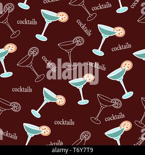 vector seamless pattern of a drink with ice margarita in a glass, cocktails on a red background with text for textile printing Stock Vector