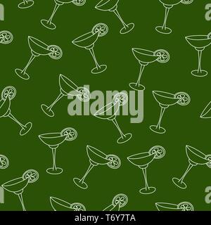 vector seamless pattern drink with ice alcohol margarita in a glass, cocktail on a green background for textile print and restaurant menu Stock Vector