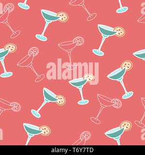 vector seamless pattern drink with ice alcohol margarita in a glass, cocktails on a red pink background for textile print and restaurant menu Stock Vector