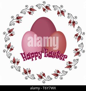 frame of a circle of red flowers with eggs and text words on the Easter spring holiday Stock Vector