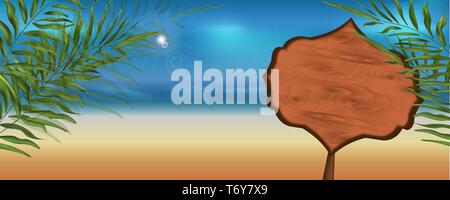 vector banner for an advertising store on a beach beach background with sand and sky in summer with a wooden board  frame for a text Stock Vector