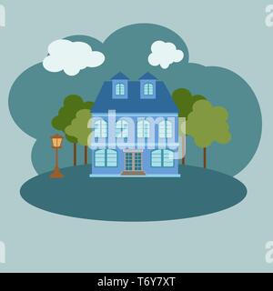 vector abstract house building in courtyard. with trees and a flashlight on a lawn grass architecture landscape on a yellow background with a blue col Stock Vector