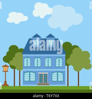 vector abstract house building in courtyard. with trees and a flashlight on a lawn grass architecture landscape background with a blue color, Stock Vector