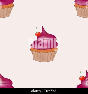 beautiful seamless pattern with delicious food, sweet cake with pink cream and with cherry on a light background Stock Vector