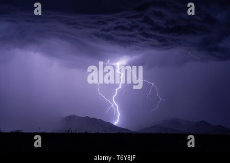 A dramatic lightning bolt illuminates the night sky in the Dragoon Mountains as thunderstorm clouds move across southeastern Arizona Stock Photo