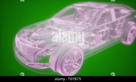 Holographic animation of 3D wireframe car model with engine Stock Photo