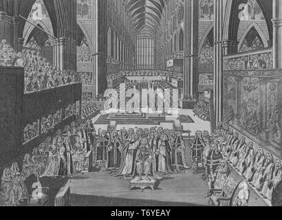 Engraving of his Majesty's crowning at Westminster Abbey, viewed from the high altar to the west end, City of Westminster, London, England, 1761. From the New York Public Library. () Stock Photo