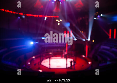 The ceiling of the theatrical scene with multi-colored lighting equipment. Stage lighting. Blue projectors in the circus.Multicolored light rays from  Stock Photo