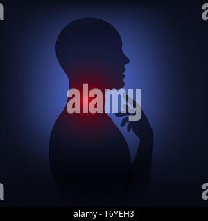 Man silhouette throat irritation, sore throat, symptom of flu, health problems. Vector illustration neon light style, low poly with dark background. Stock Vector