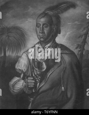 Engraved portrait of Cunne Shote, Conocotocko II (Standing Turkey), an Indian chief of the Cherokee Nation, 1760. From the New York Public Library. () Stock Photo
