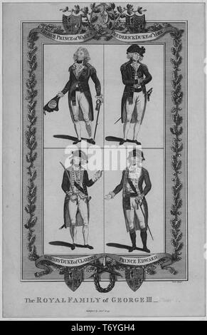Engravings of the royal family of George III, king of the United Kingdom of Great Britain and Ireland, George Prince of Wales, Frederick Duke of York, William Henry Duke of Clarence, and Prince Edward, 1900. From the New York Public Library. () Stock Photo