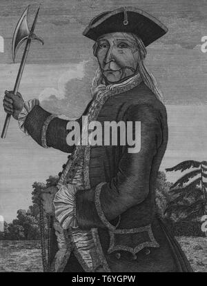 Engraved portrait of Brave Old Hendrick, the great Sachem, chief of the Mohawk Indians, 1755. From the New York Public Library. () Stock Photo