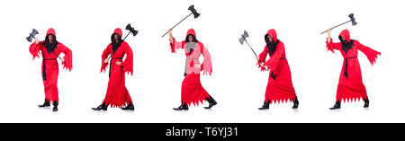 Executioner in red costume with axe on white Stock Photo