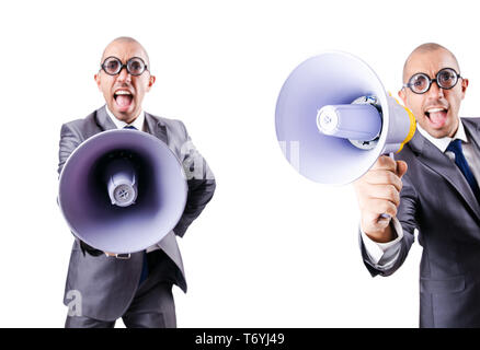 Funny man with loudspeaker on white Stock Photo