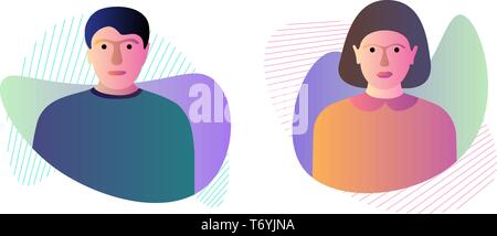 Male female on dynamic modern liquid element graphic gradient flat style design fluid vector colorful illustration simple abstract shapes. Couple husb Stock Vector