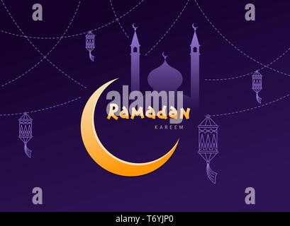 Ramadan Kareem purple background with moon, lantern, mosque. Arabic Islamic Ramadan mubarak greeting card, invitation for muslim community festival. K Stock Vector