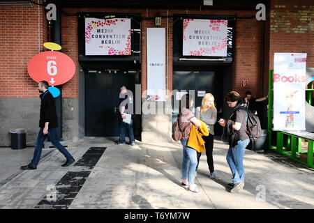 Berlin, Germany - May 3, 2018: Entrance of the Media Convention Berlin Stage 6 which takes place as part of of the re: publica with participants. re:p Stock Photo