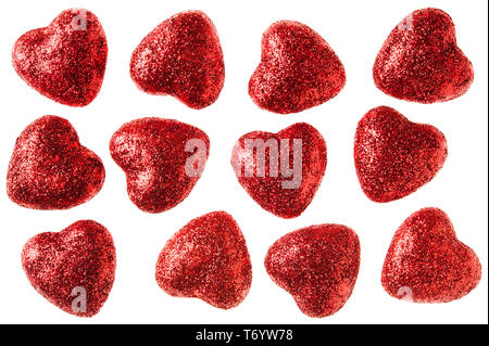 Many small glitter red  hearts  isolated on white background - love and valentine concept. Stock Photo