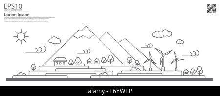 ECO Nature landscape. Mountain, turbine, tree. Renewable energy flat design concept. Stock Vector