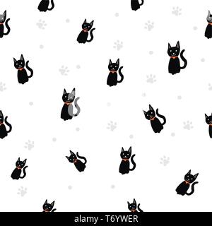 Black cat / Paw print seamless pattern background. Stock Vector