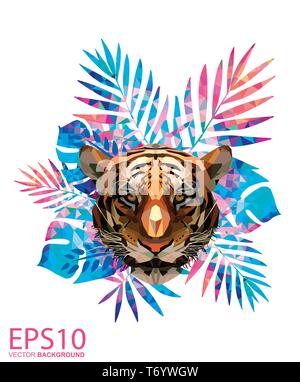 Low polygon tiger head and Colorful tropical leaf pattern background. Illustration EPS 10. Stock Vector