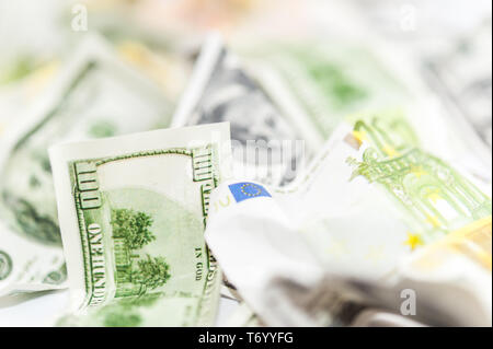 Fake dollars and euro crumpled money background Stock Photo
